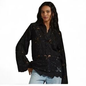 Anthropologie ESPECIA Moss Black Crochet Lace Blouse. Small. Boho Romantic Sheer